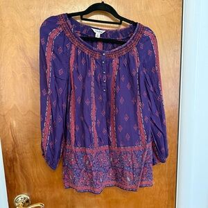 Lucky Brand  Purple Boho Peasant Blouse with Geometric Pattern